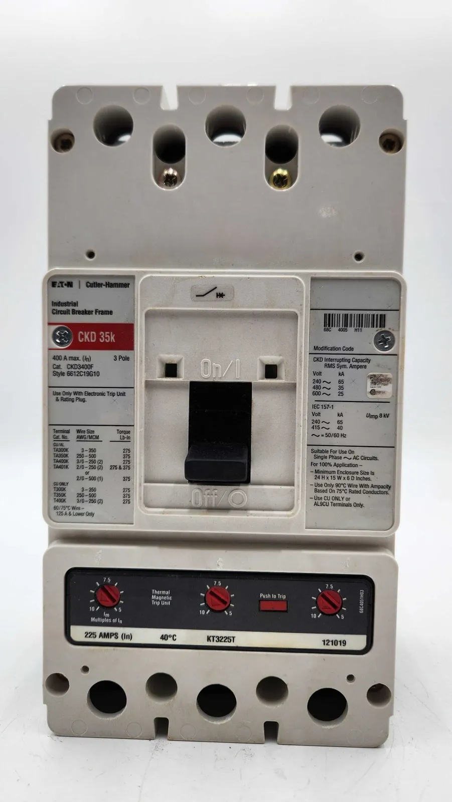 Eaton CKD3225 Circuit Breaker 225A 600V 3P with Trip Unit KT3225T