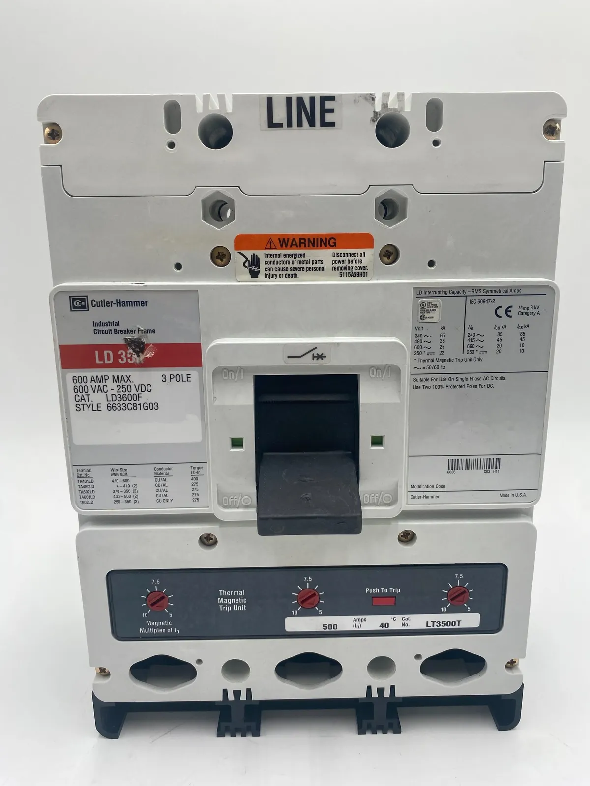 Cutler-Hammer LD3500 Circuit Breaker 500A 600V 3P with External Lugs