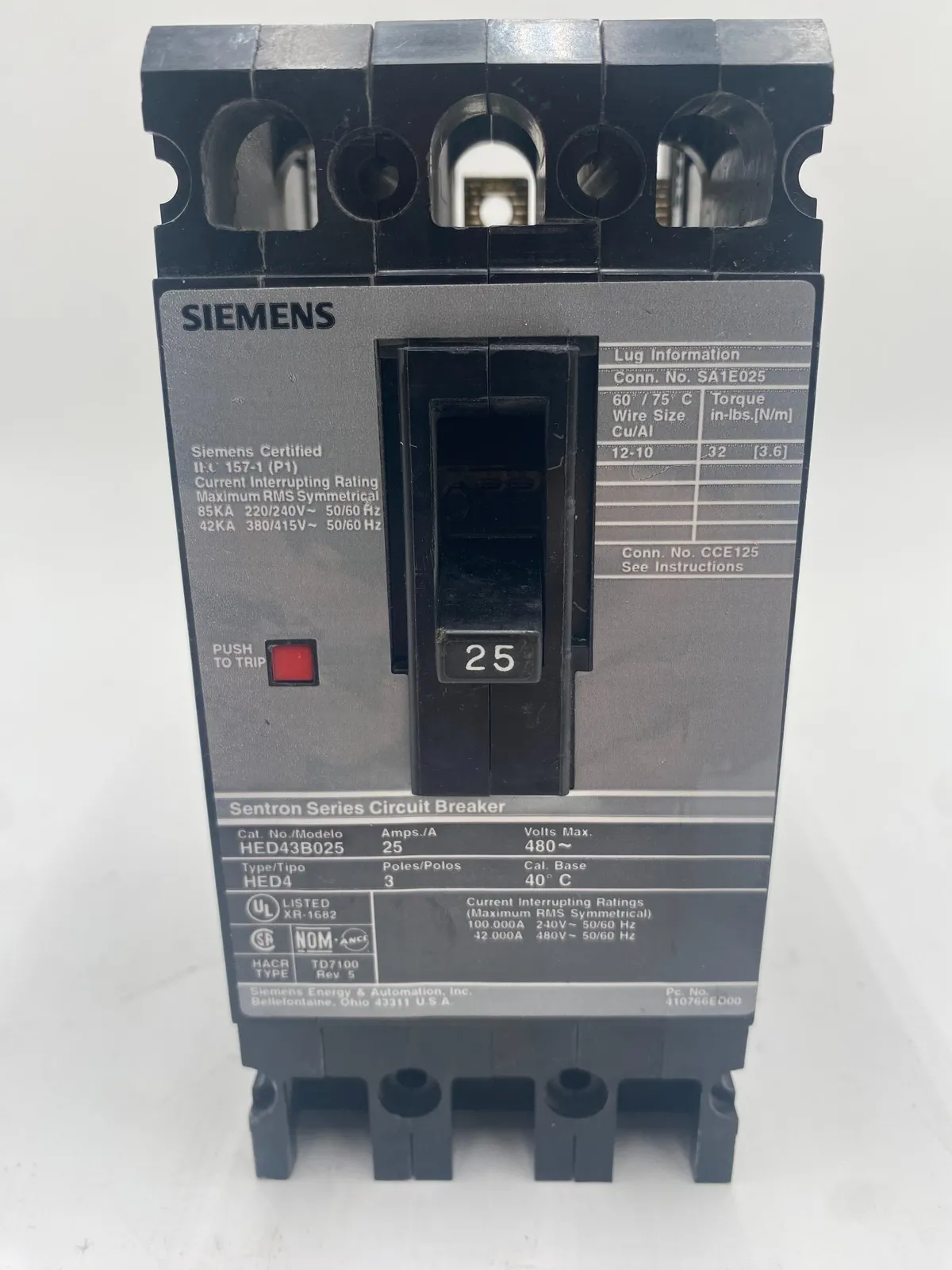 Siemens HED43B025 Circuit Breaker 25A 480V 3P HED