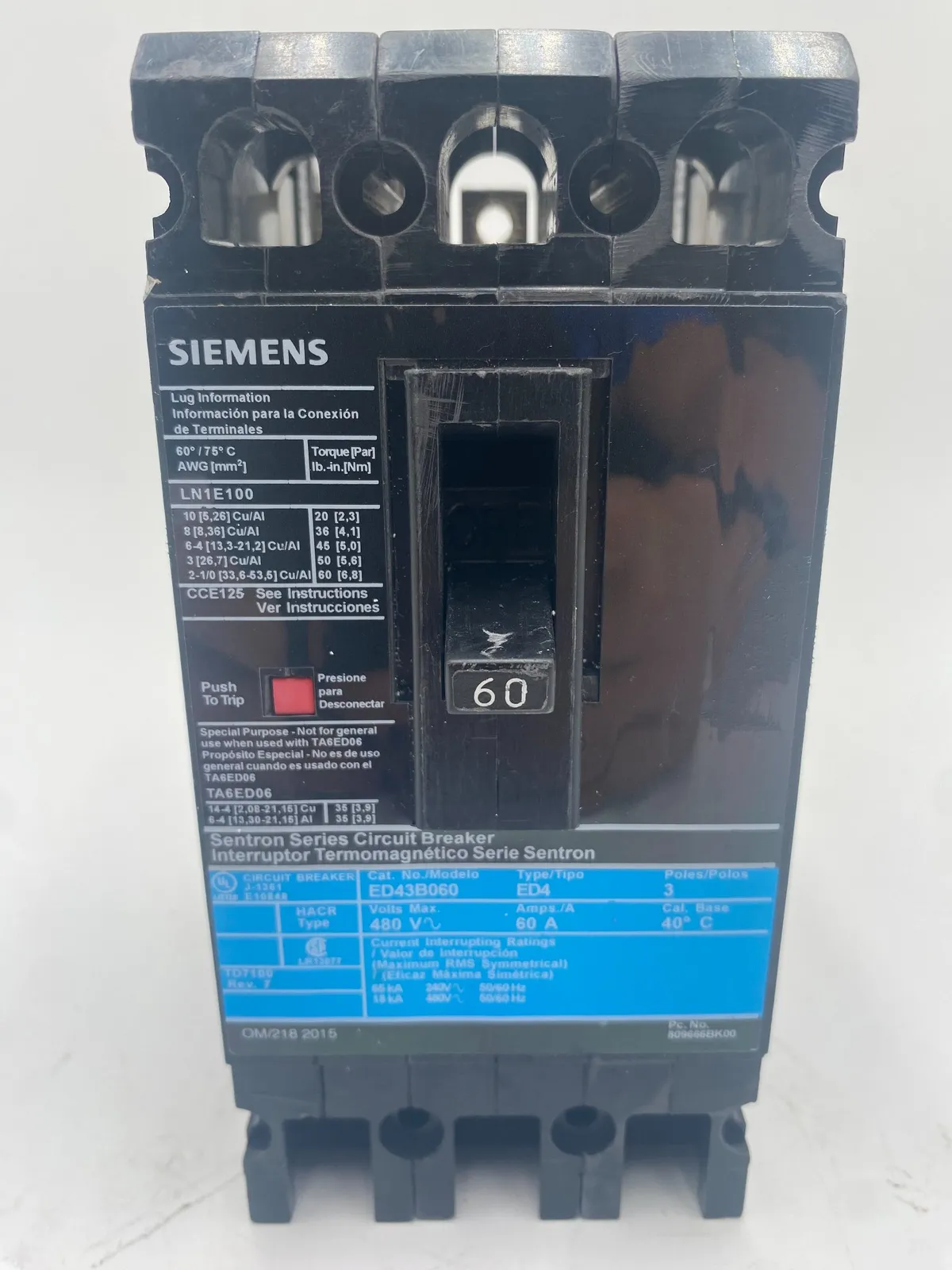 Siemens ED43B060 Circuit Breaker 60A 480V 3P I-Line