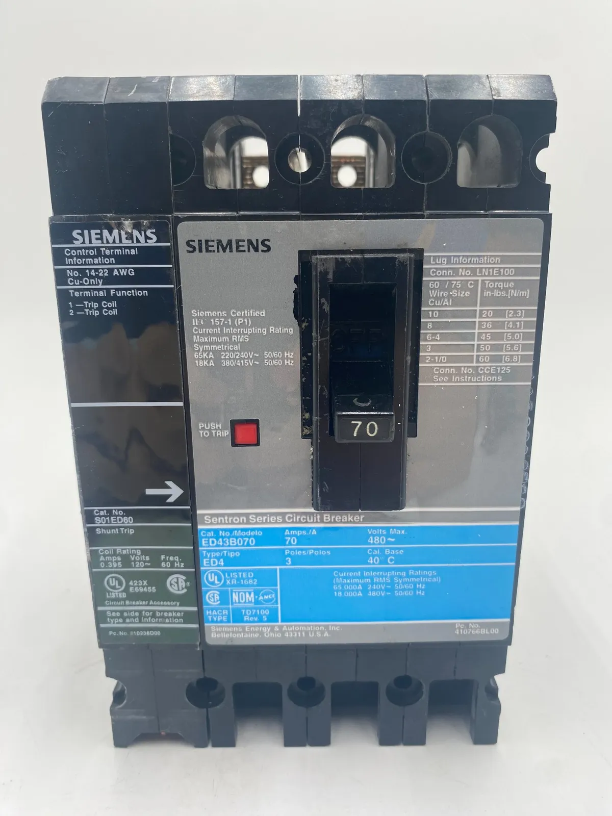 Siemens ED43B070 Circuit Breaker 70A 480V 3P I-Line