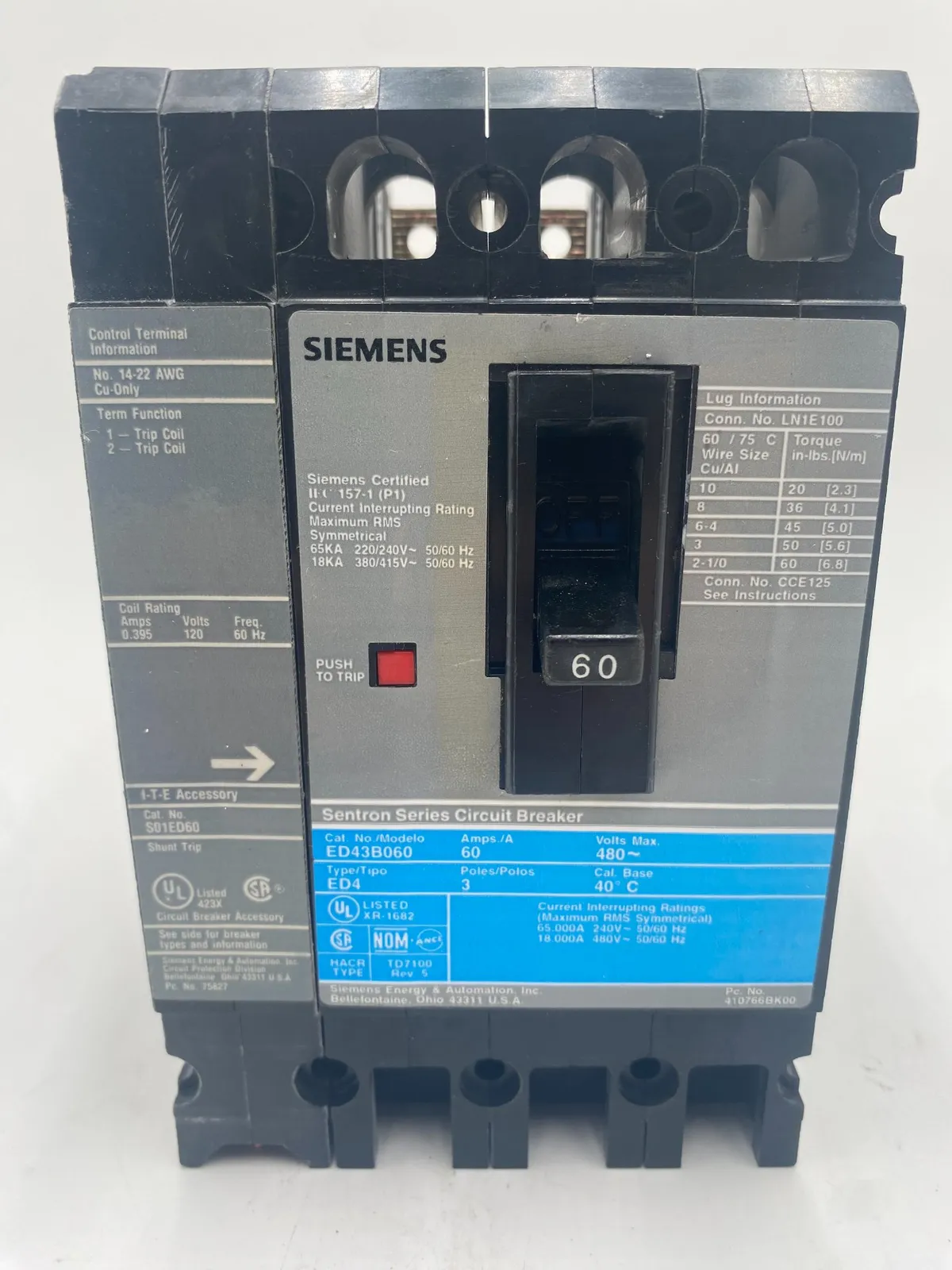 Siemens ED43B060 I-Line Circuit Breaker 60A 480V 3P with Shunt Trip