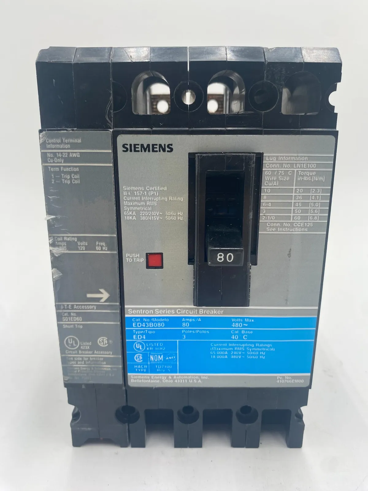 Siemens ED43B080 Circuit Breaker 80A 480V 3P I-Line