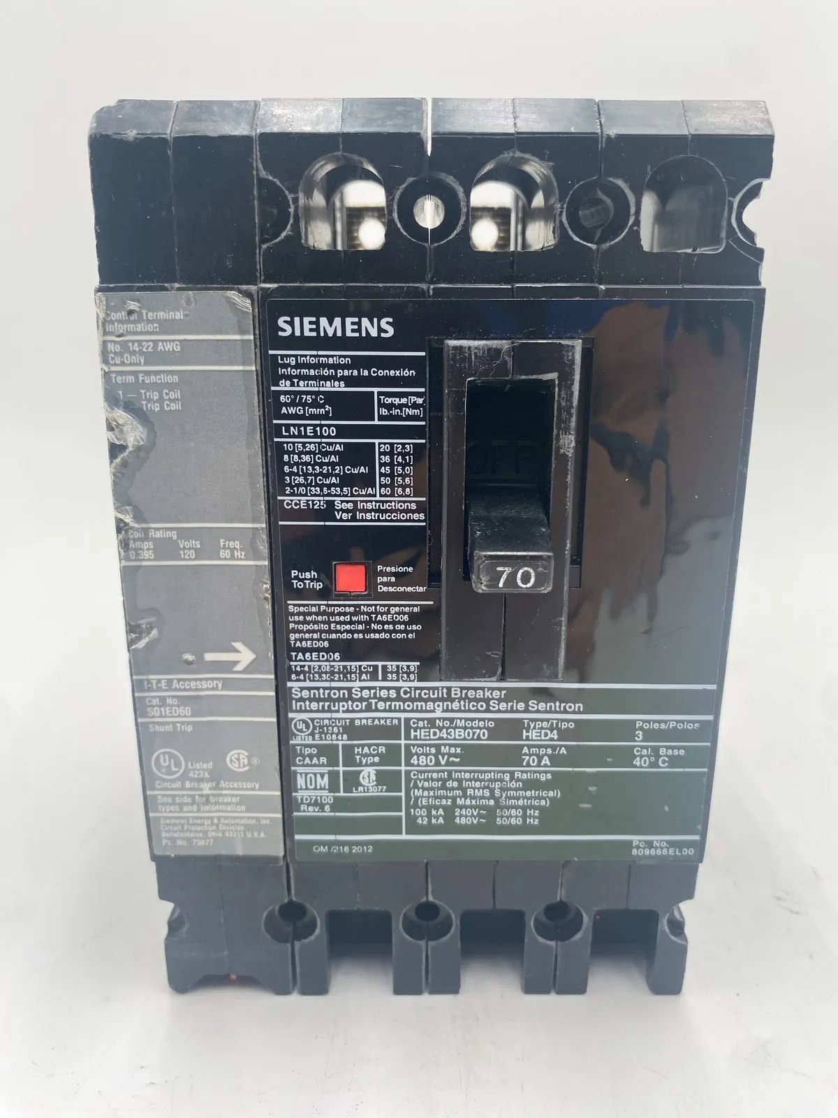 Siemens HED43B070 Circuit Breaker 70A 3P 480V 3PH
