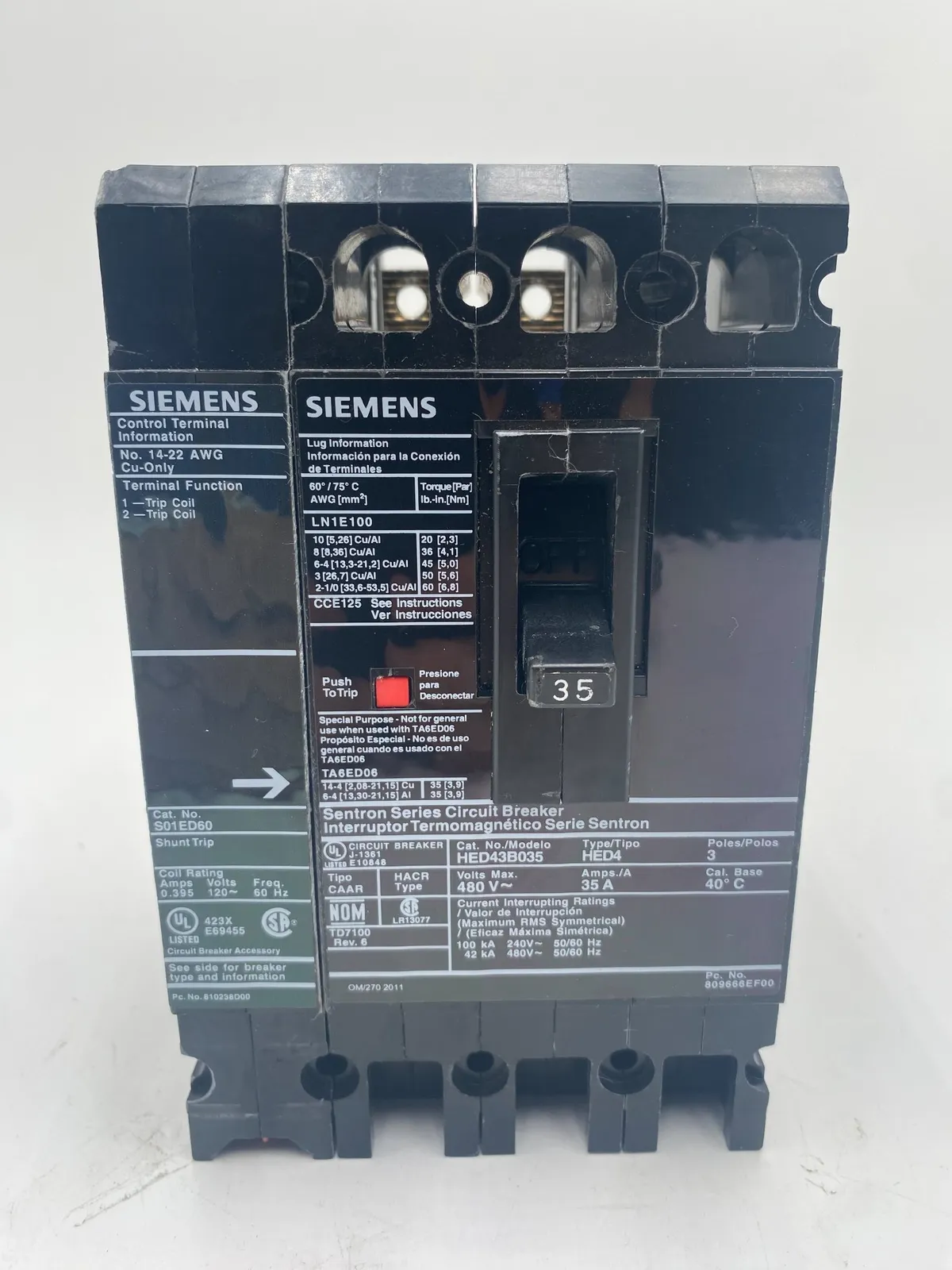 Siemens HED43B035 Circuit Breaker 35A 480V 3P HED