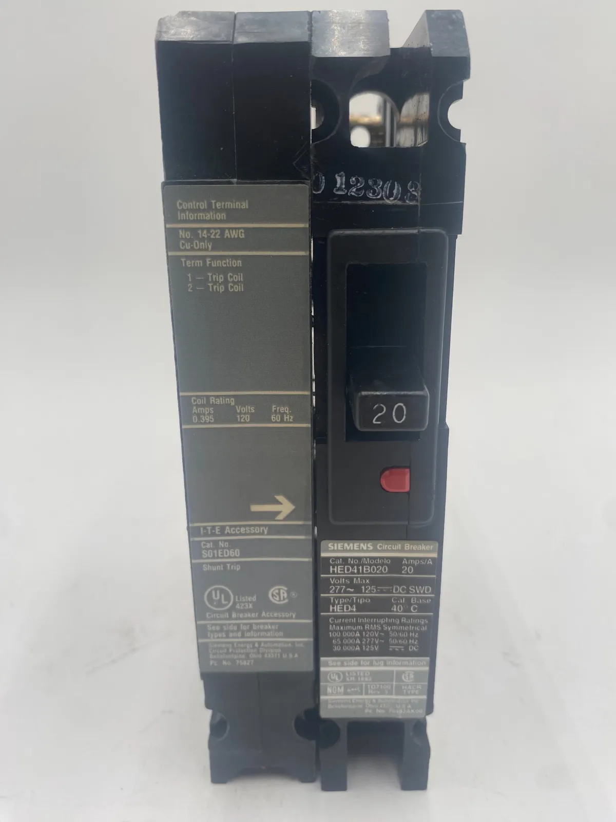 Siemens HED41B020 Circuit Breaker 20A 277V 3P with Shunt Trip