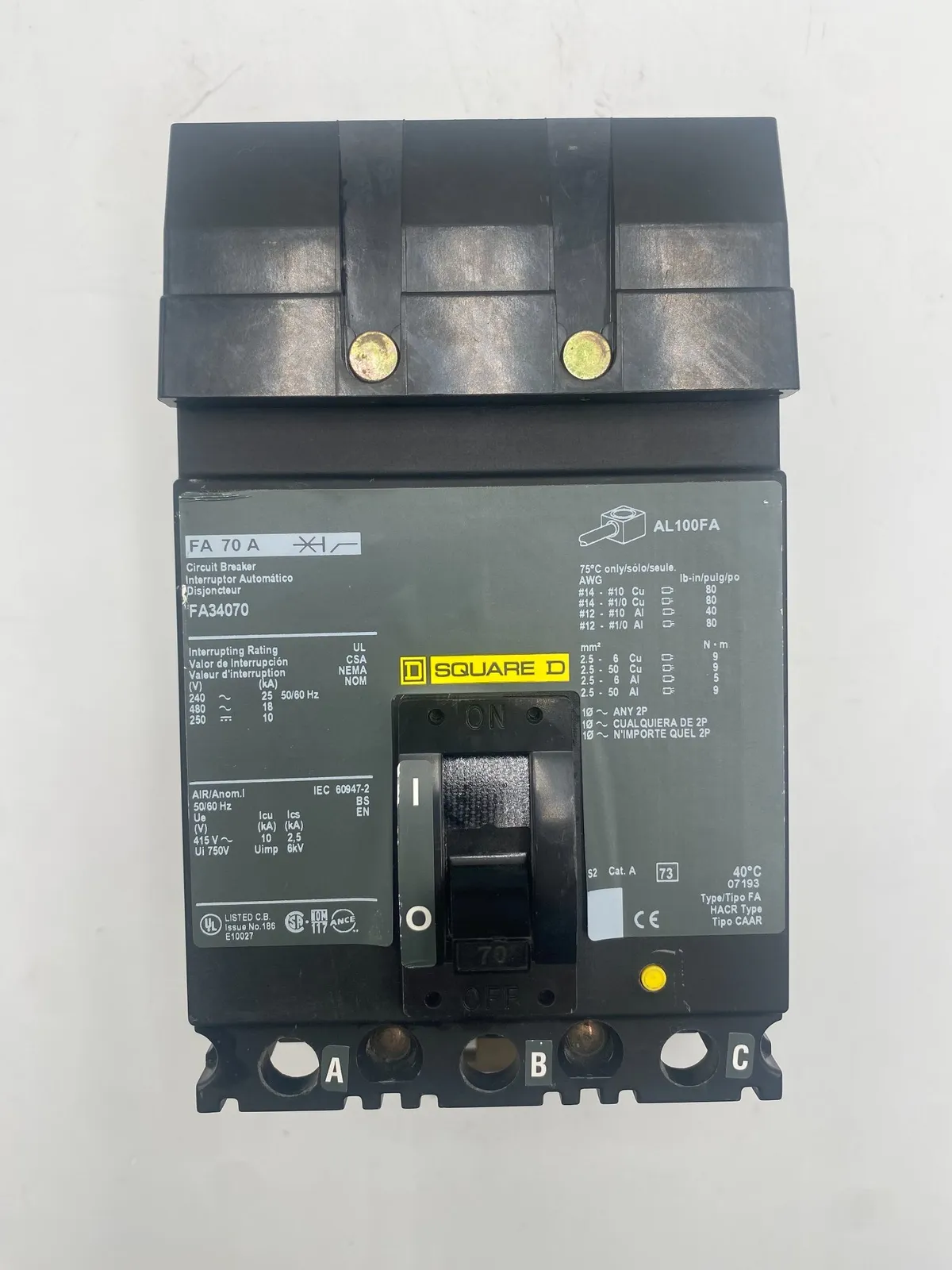 Square D FA34070 I-Line Circuit Breaker 70A 480V 3P