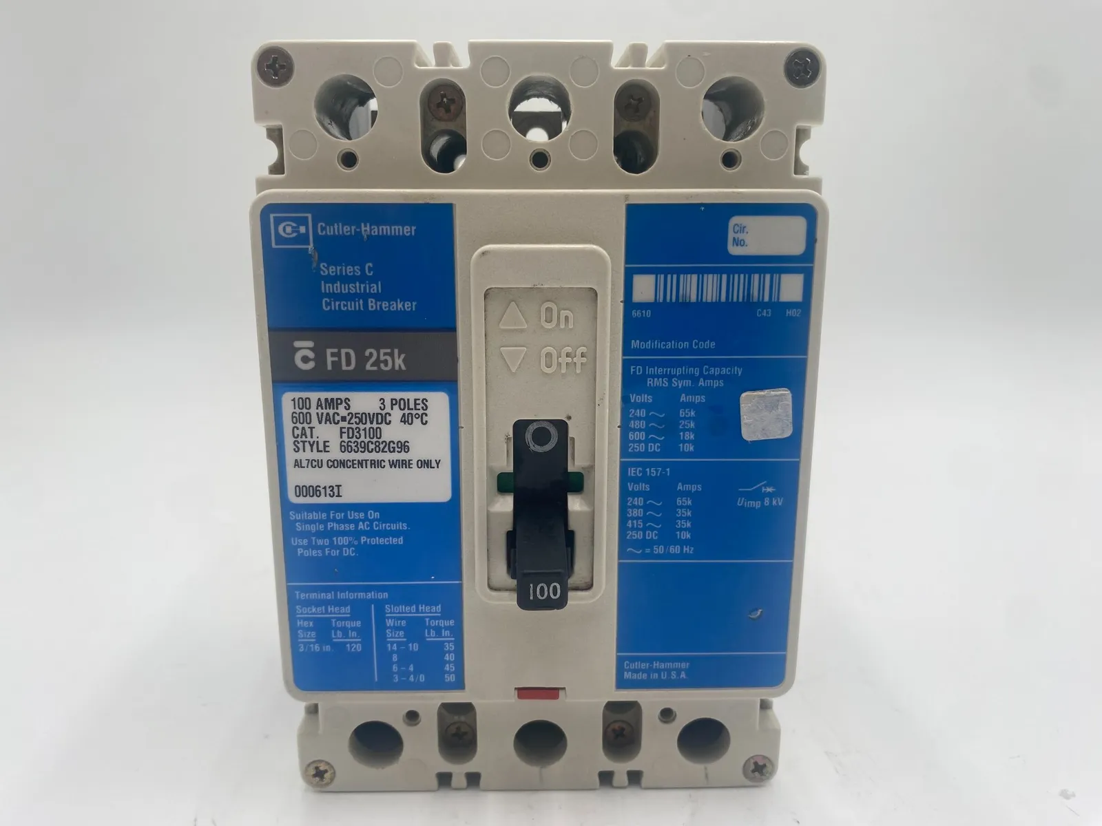 Cutler-Hammer FD3100 Circuit Breaker 100A 600V 3P